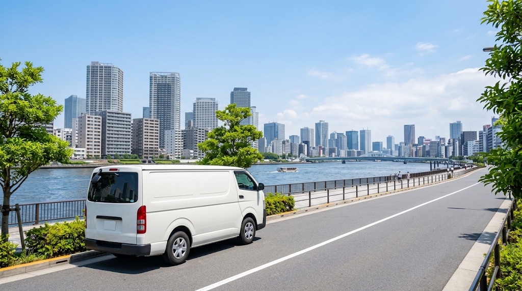 高層ビルが並ぶ川沿いの道に停まる、白いワンボックスの社用車